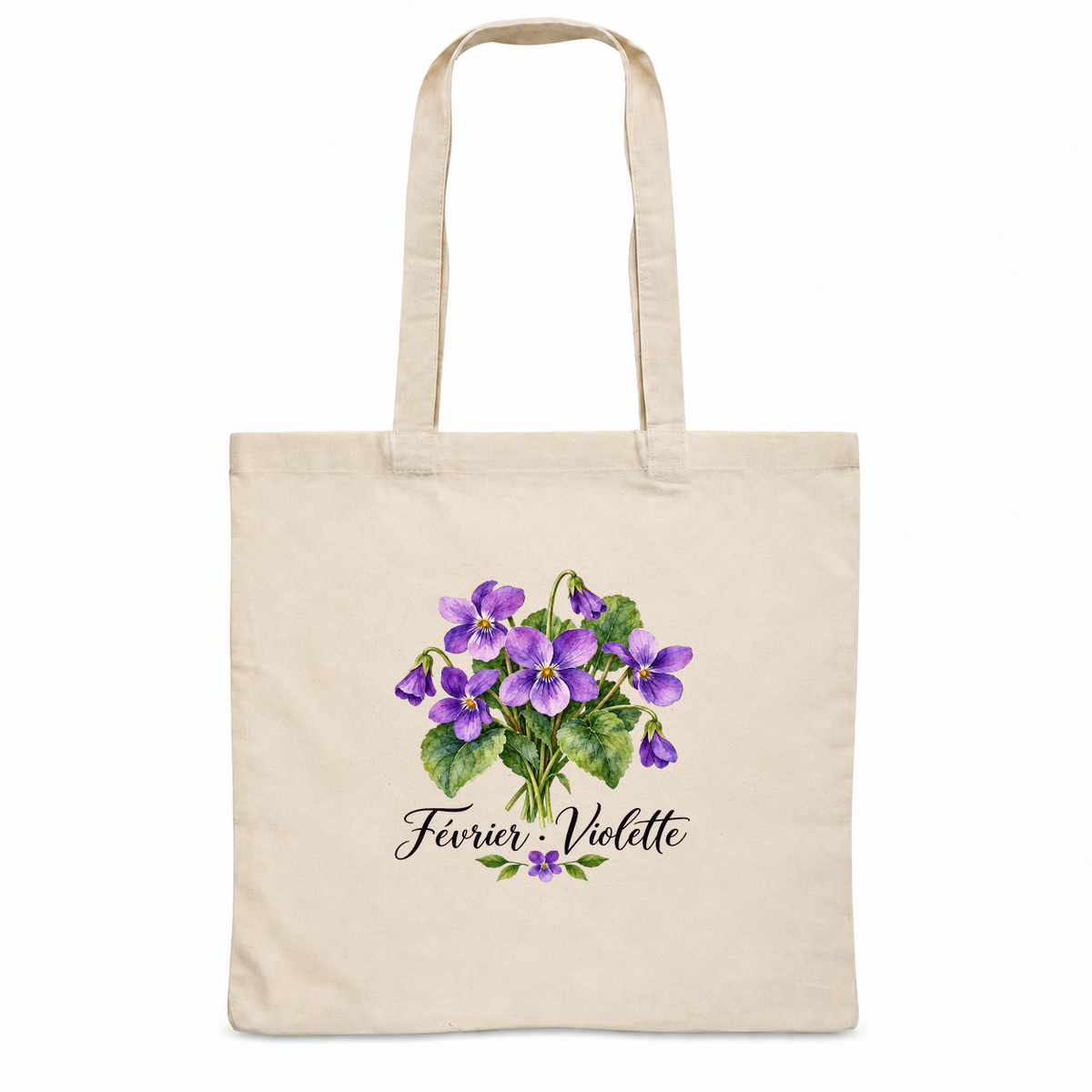 Tote bag fleur de naissance « Février · Violette » Essentiel, sac plat en coton naturel 140 g/m² de 38 × 42 cm, aquarelle botanique d'un bouquet de violettes