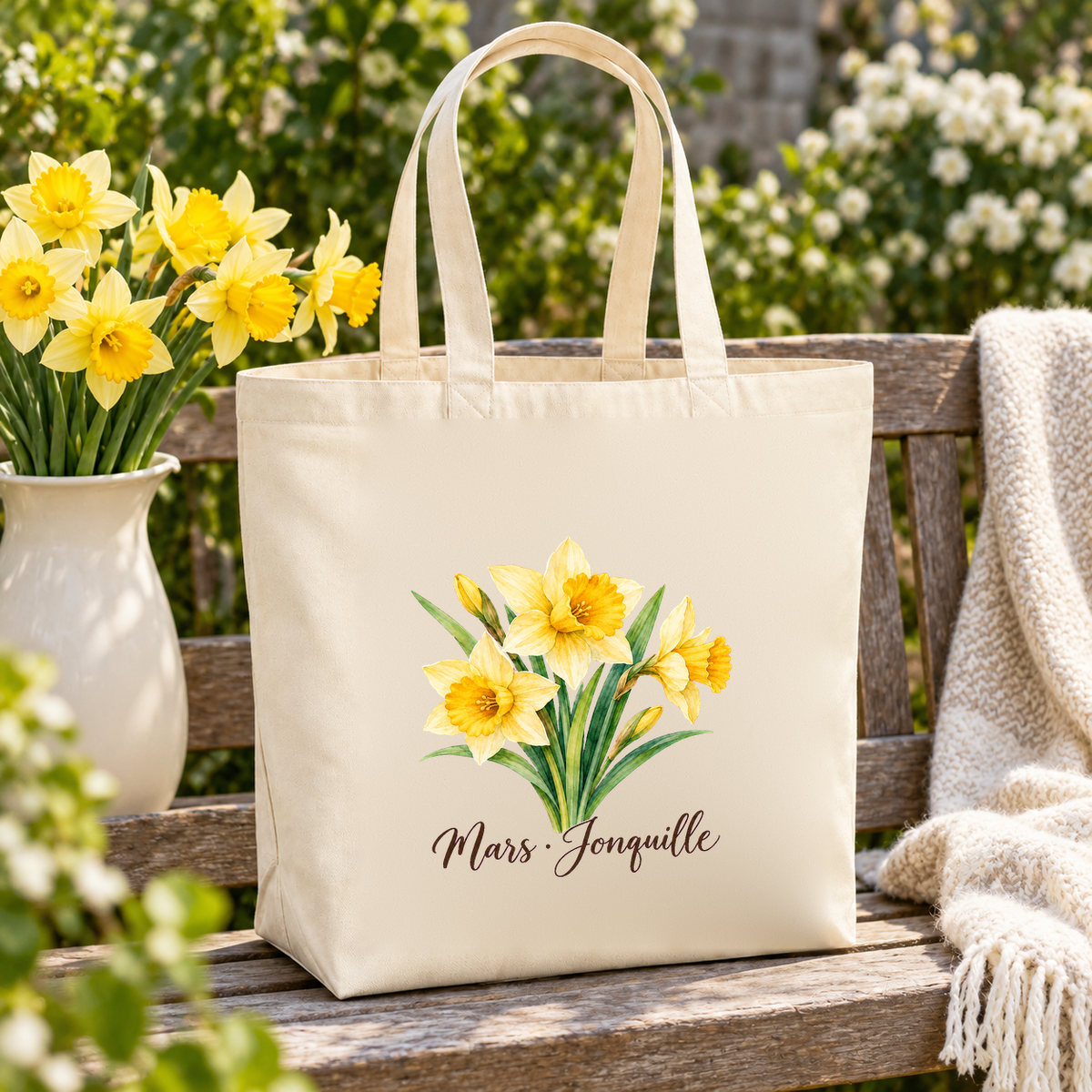 Tote bag fleur de naissance « Mars · Jonquille » Premium posé sur un banc de jardin, à côté d'un vase de jonquilles et d'un plaid