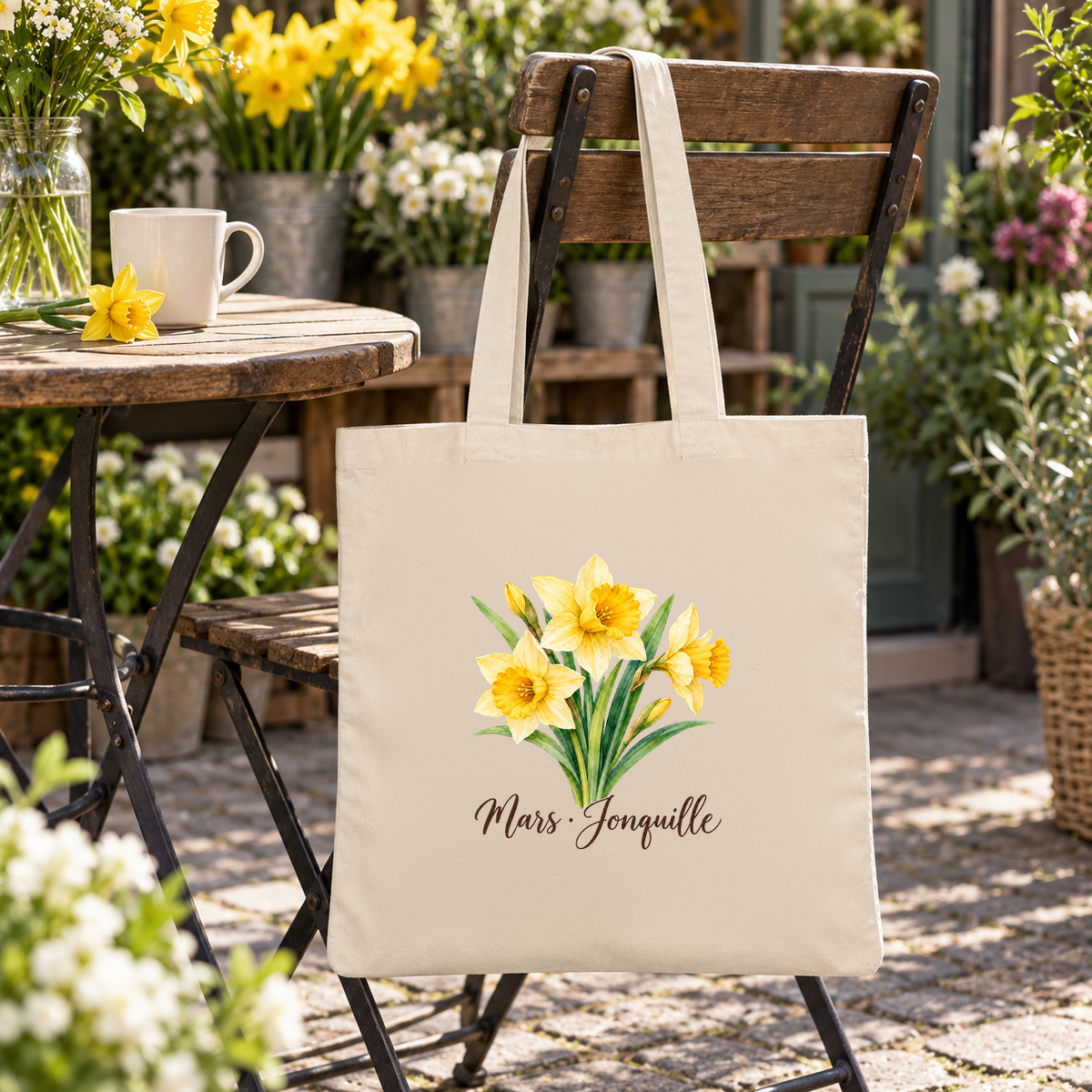 Tote bag fleur de naissance « Mars · Jonquille » Essentiel suspendu à une chaise de bistrot en terrasse, à côté d'une tasse et de jonquilles