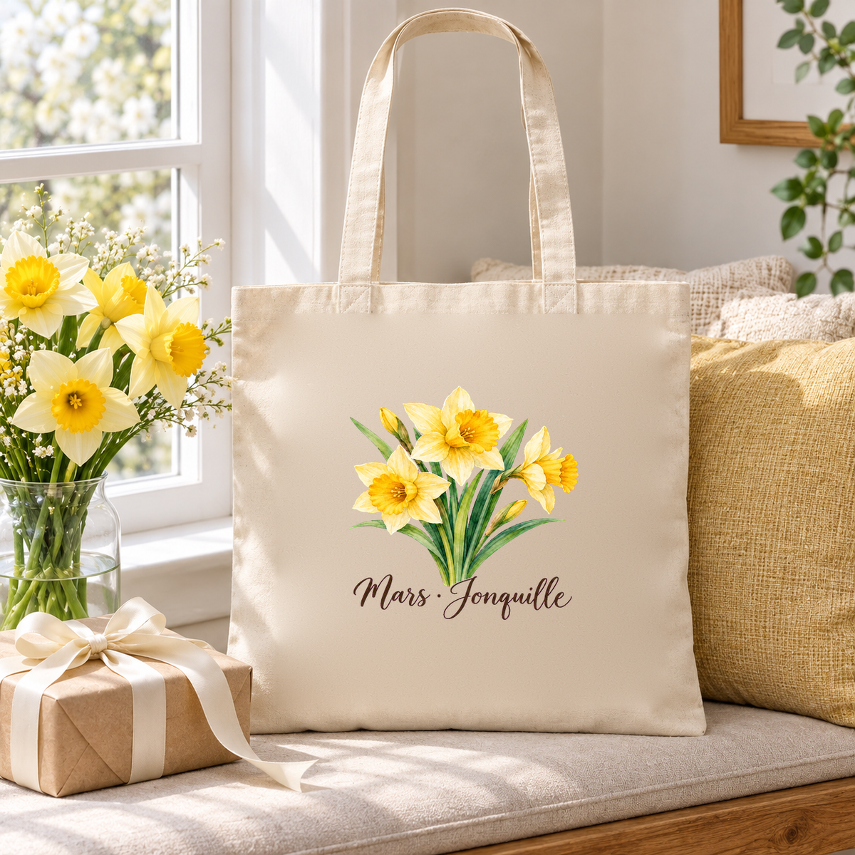 Tote bag fleur de naissance « Mars · Jonquille » Essentiel posé sur une banquette près d'une fenêtre, à côté d'un bouquet de jonquilles et d'un cadeau