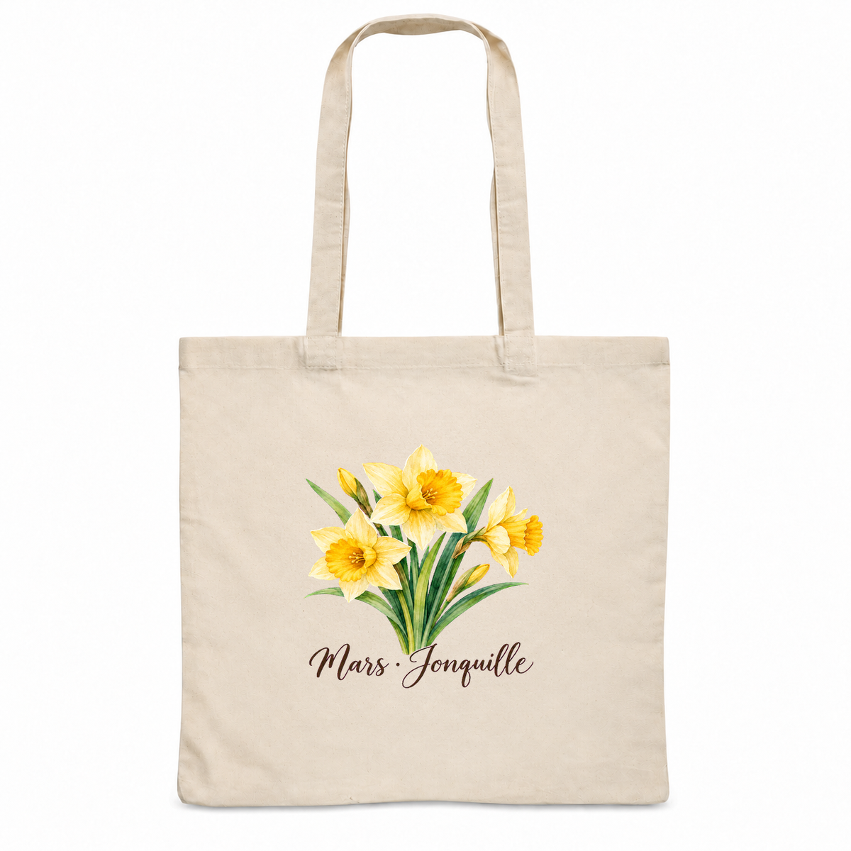 Tote bag fleur de naissance « Mars · Jonquille » Essentiel, sac plat en coton naturel 140 g/m² de 38 × 42 cm, aquarelle botanique d'un bouquet de jonquilles