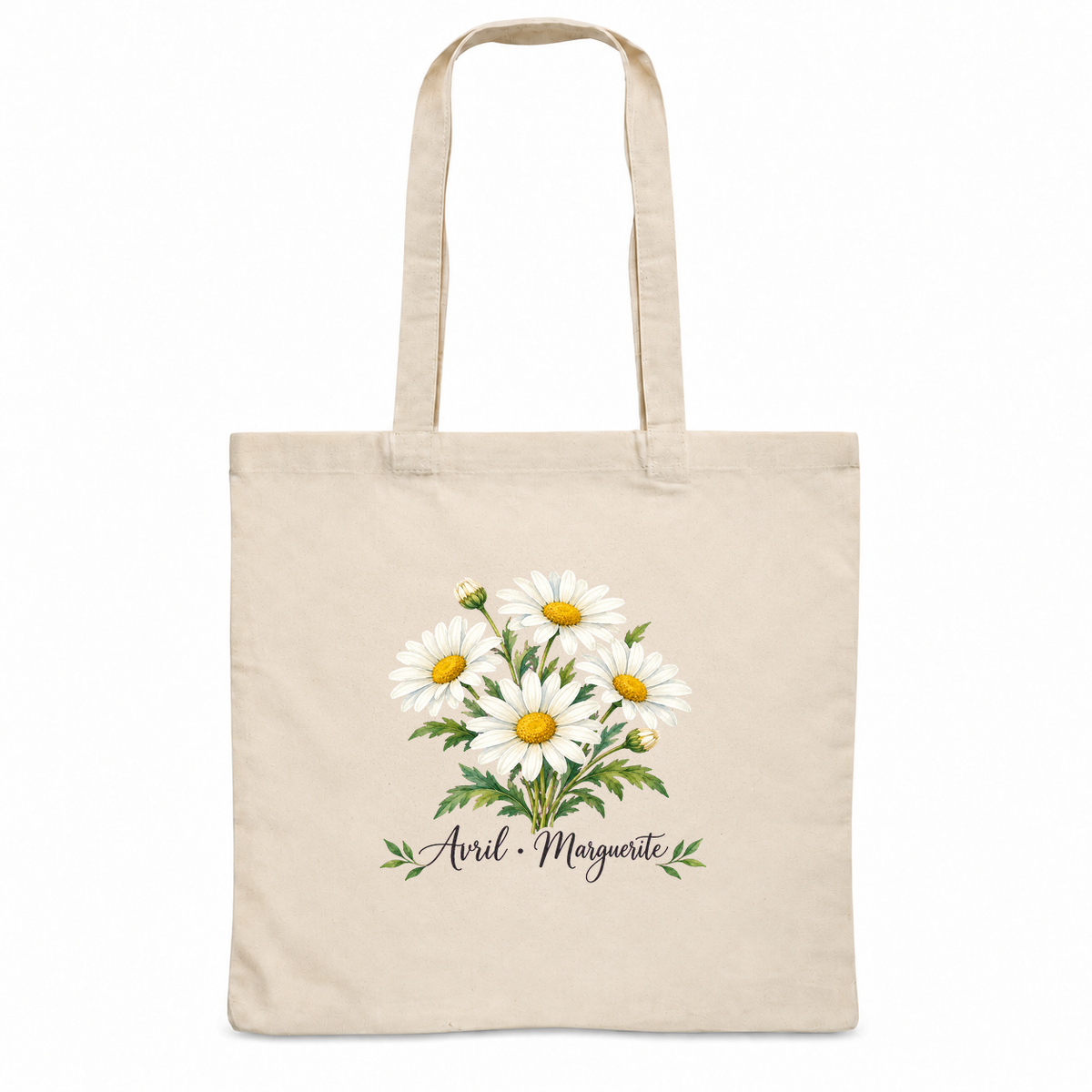Tote bag fleur de naissance « Avril · Marguerite » Essentiel, sac plat en coton naturel 140 g/m² de 38 × 42 cm, aquarelle botanique d'un bouquet de marguerites