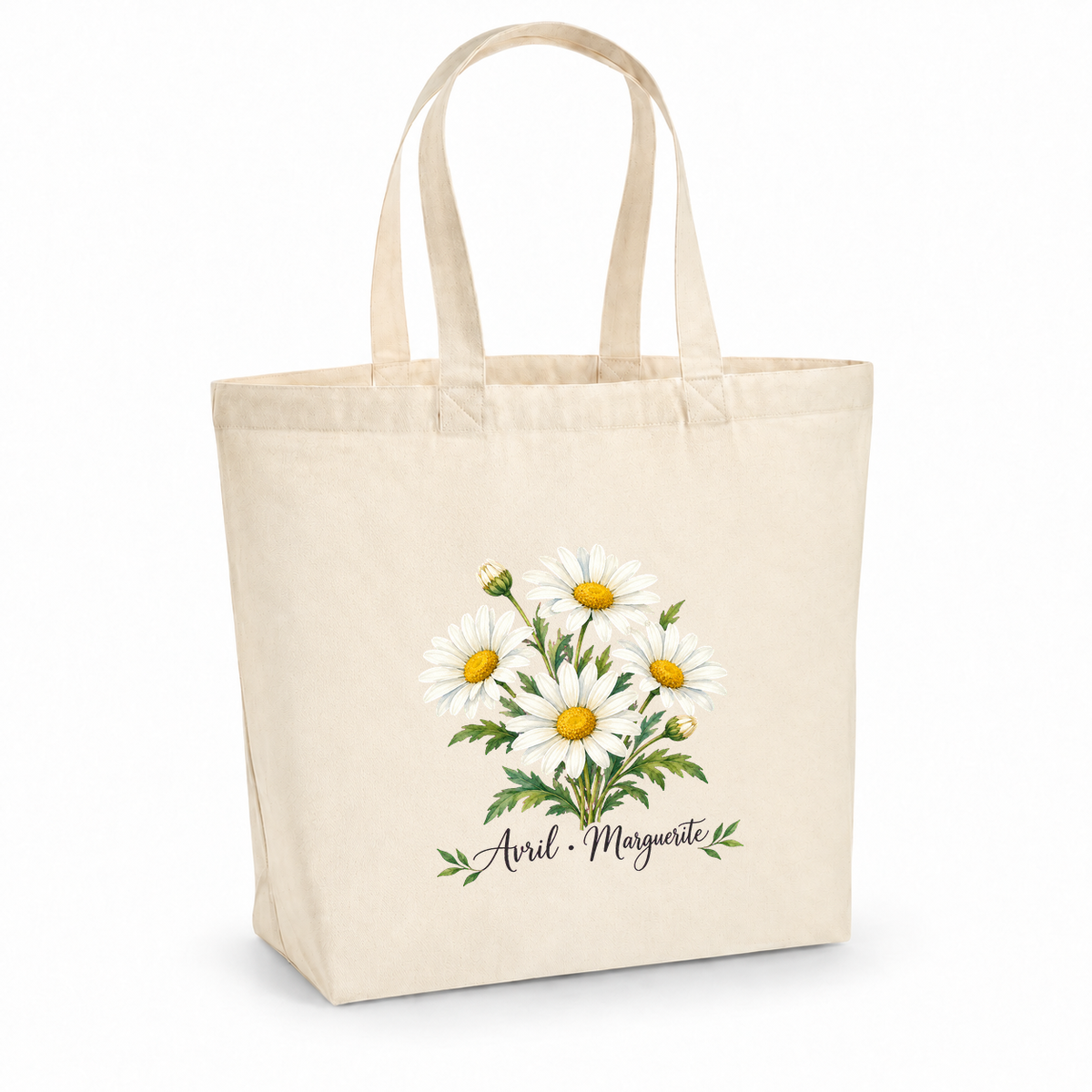 Tote bag fleur de naissance « Avril · Marguerite » Premium, cabas à soufflet en coton naturel 200 g/m² de 18 litres, aquarelle botanique d'un bouquet de marguerites
