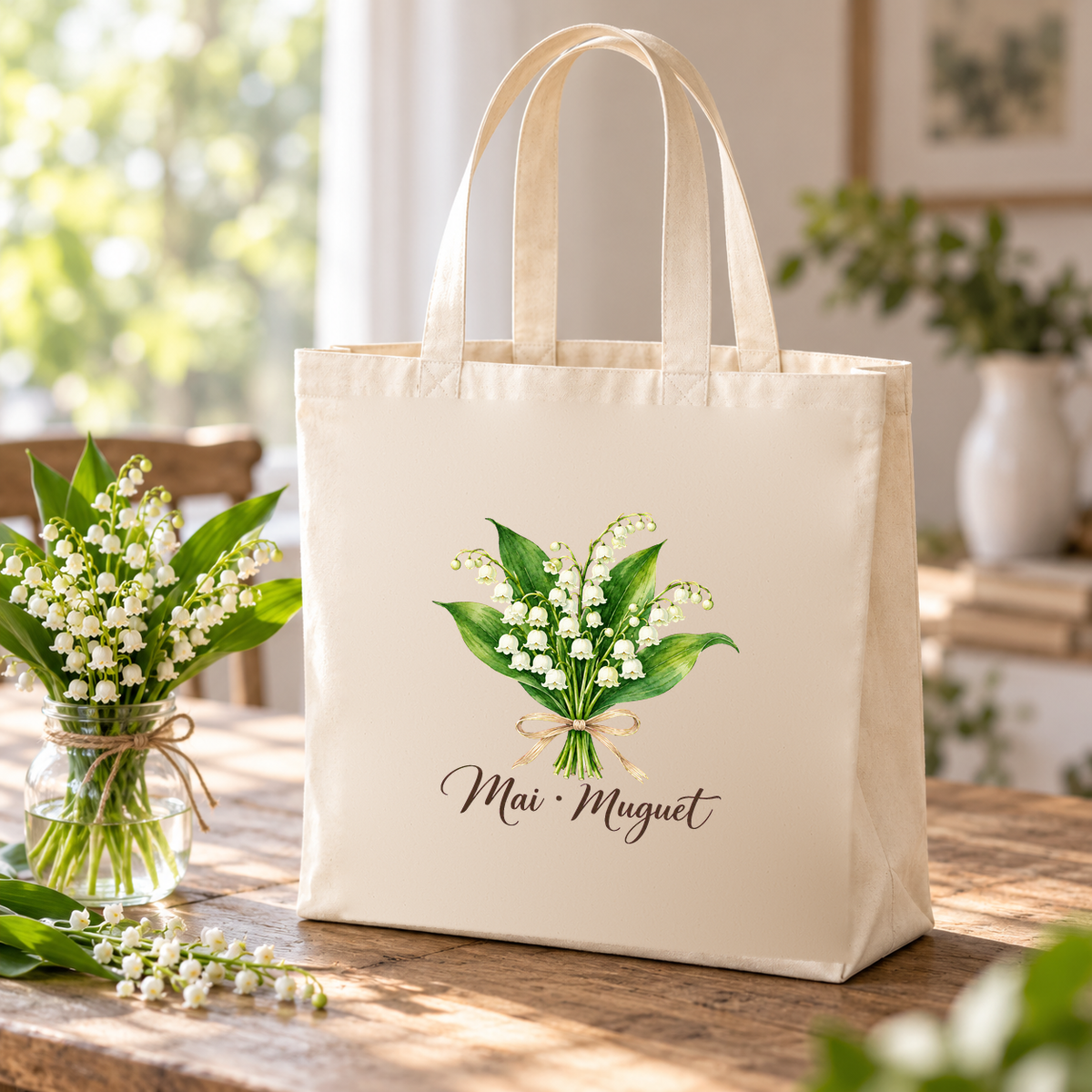 Tote bag fleur de naissance « Mai · Muguet » Premium posé sur une table, à côté d'un bouquet de muguet