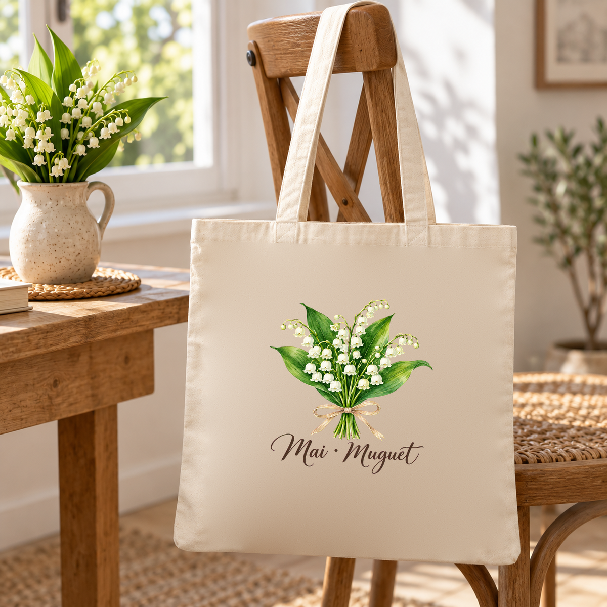 Tote bag fleur de naissance « Mai · Muguet » Essentiel suspendu à une chaise, à côté d'un pichet de muguet