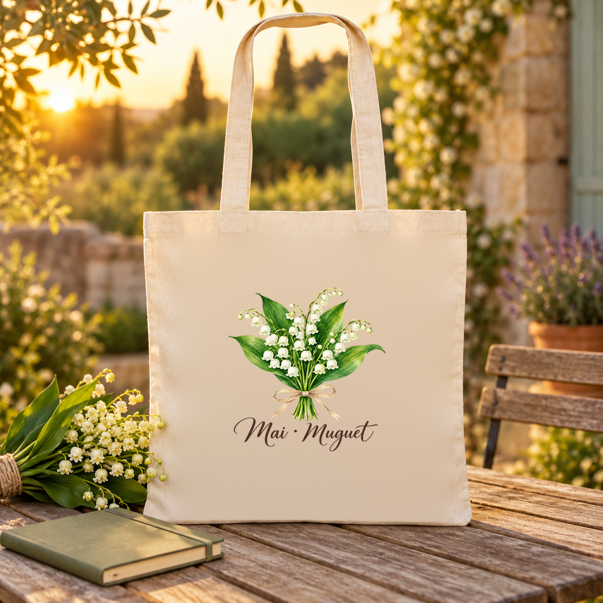 Tote bag fleur de naissance « Mai · Muguet » Essentiel posé sur une table de jardin au coucher du soleil, à côté de brins de muguet et d'un livre