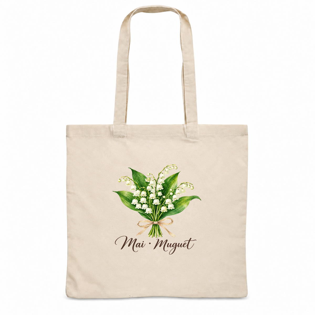 Tote bag fleur de naissance « Mai · Muguet » Essentiel, sac plat en coton naturel 140 g/m² de 38 × 42 cm, aquarelle botanique d'un bouquet de muguet noué de raphia