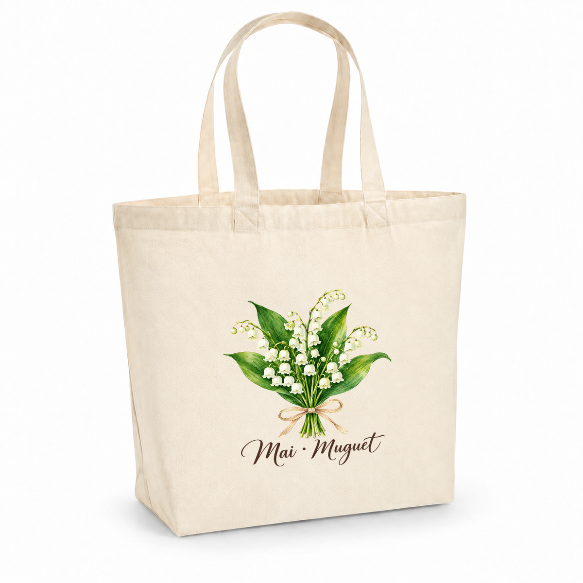 Tote bag fleur de naissance « Mai · Muguet » Premium, cabas à soufflet en coton naturel 200 g/m² de 18 litres, aquarelle botanique d'un bouquet de muguet noué de raphia