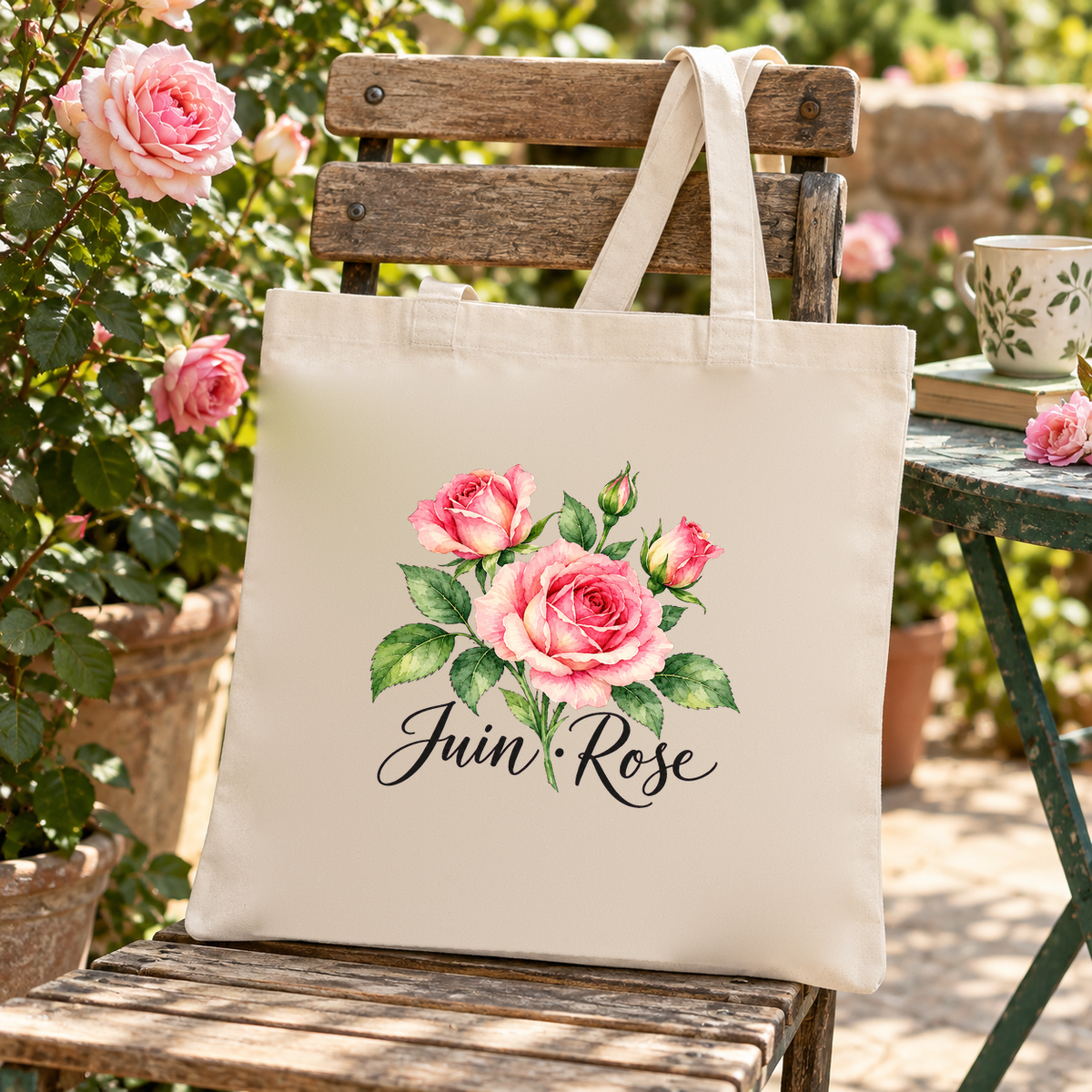 Tote bag fleur de naissance « Juin · Rose » Essentiel suspendu à une chaise de jardin, devant un rosier en fleurs