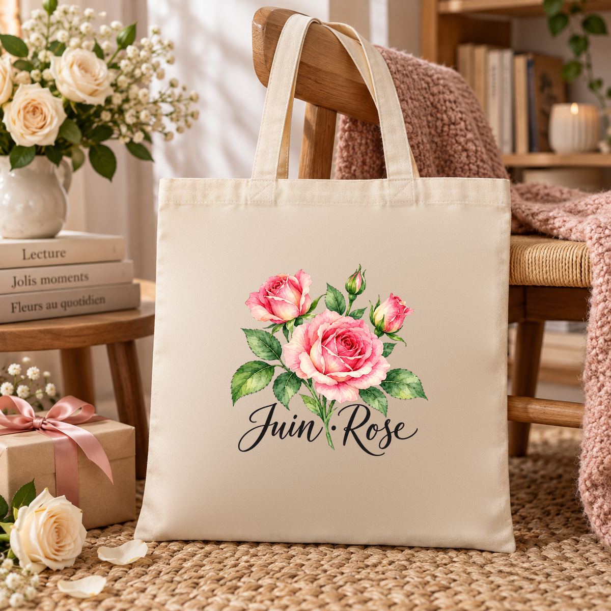 Tote bag fleur de naissance « Juin · Rose » Essentiel posé contre une chaise, à côté d'un vase de roses blanches, de livres et d'un cadeau