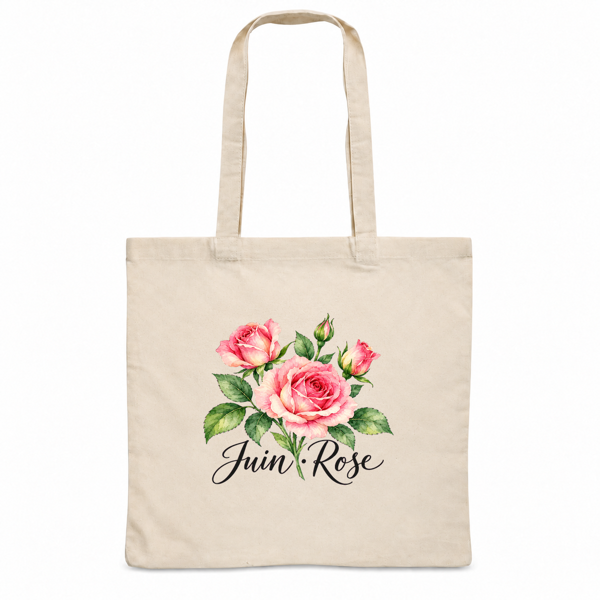 Tote bag fleur de naissance « Juin · Rose » Essentiel, sac plat en coton naturel 140 g/m² de 38 × 42 cm, aquarelle botanique d'un bouquet de roses
