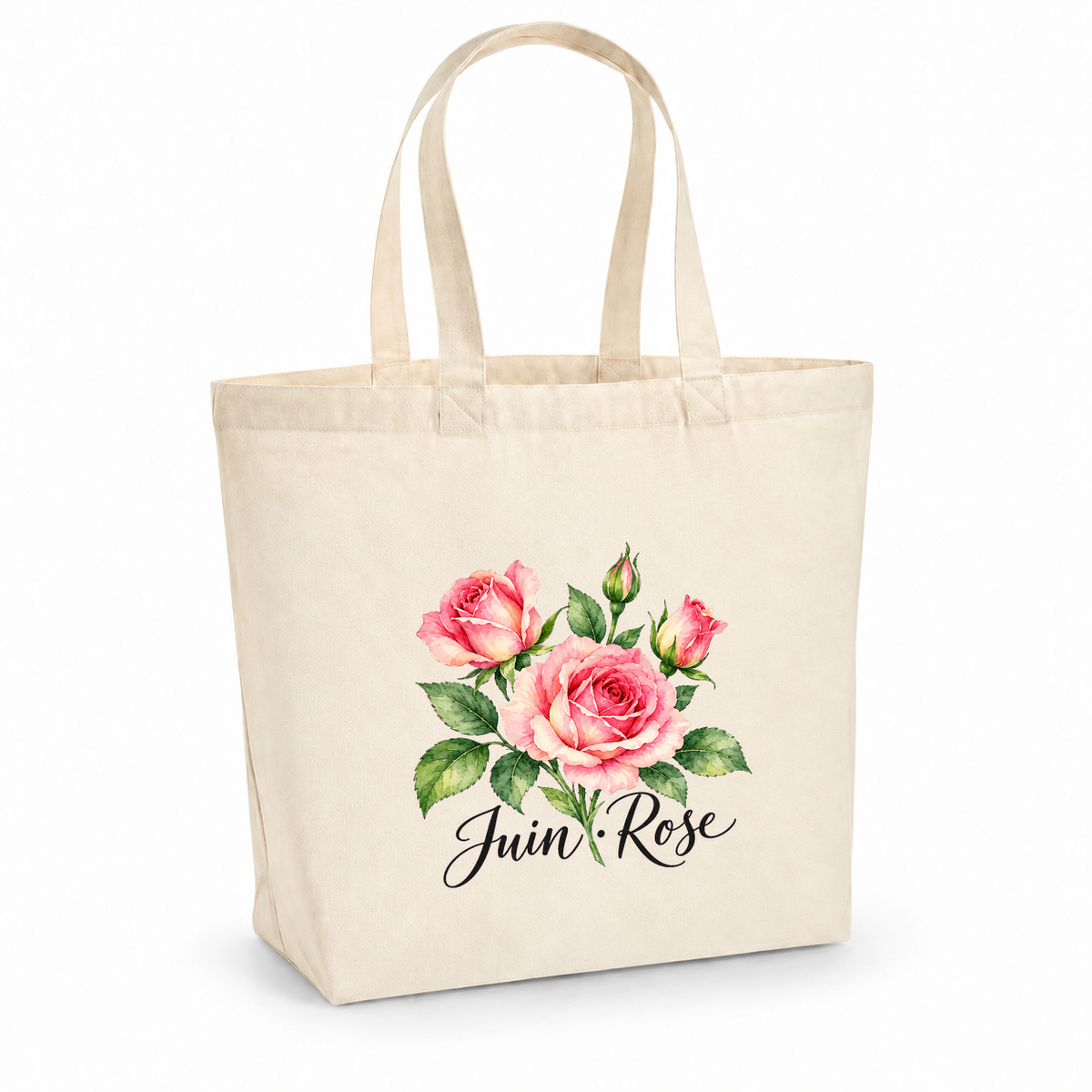 Tote bag fleur de naissance « Juin · Rose » Premium, cabas à soufflet en coton naturel 200 g/m² de 18 litres, aquarelle botanique d'un bouquet de roses