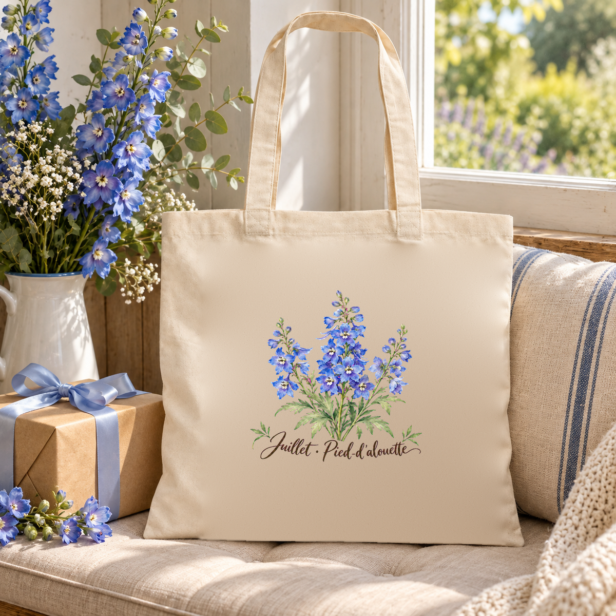Tote bag fleur de naissance « Juillet · Pied-d'alouette » Essentiel posé sur une banquette près d'une fenêtre, à côté d'un bouquet de pieds-d'alouette et d'un cadeau