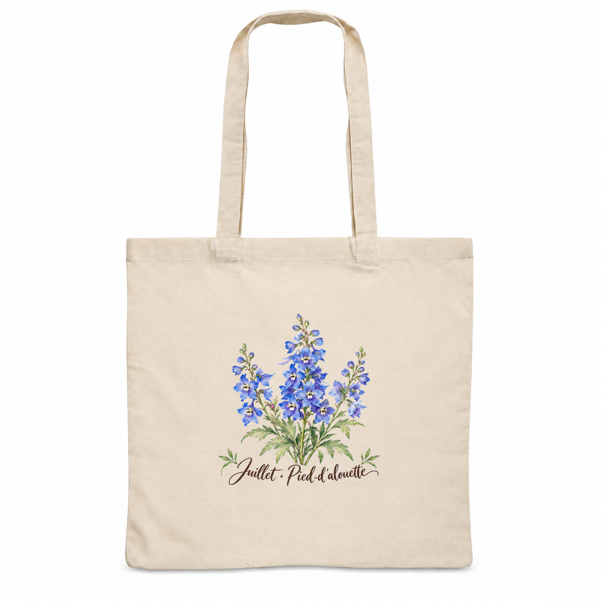 Tote bag fleur de naissance « Juillet · Pied-d'alouette » Essentiel, sac plat en coton naturel 140 g/m² de 38 × 42 cm, aquarelle botanique d'un bouquet de pieds-d'alouette