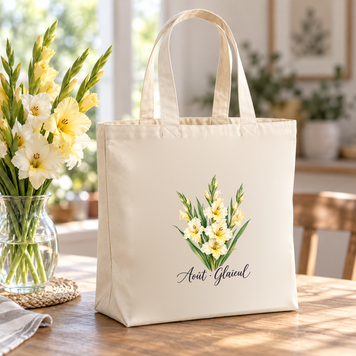 Tote bag fleur de naissance « Août · Glaïeul » Premium posé sur une table, à côté d'un grand vase de glaïeuls