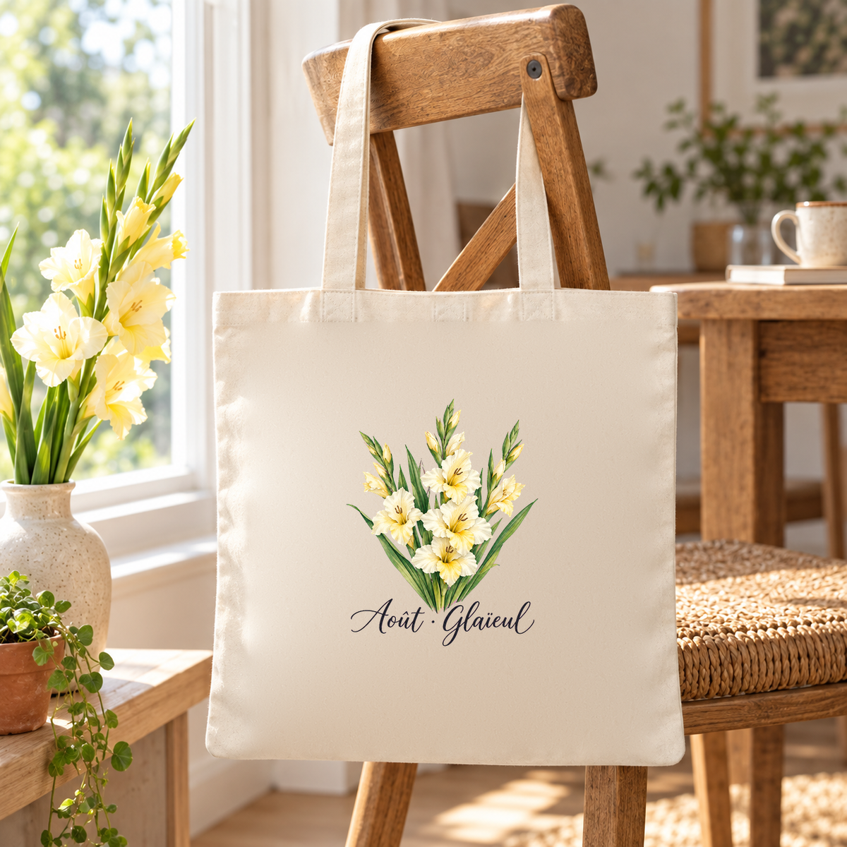 Tote bag fleur de naissance « Août · Glaïeul » Essentiel suspendu à une chaise près d'une fenêtre, à côté d'un vase de glaïeuls