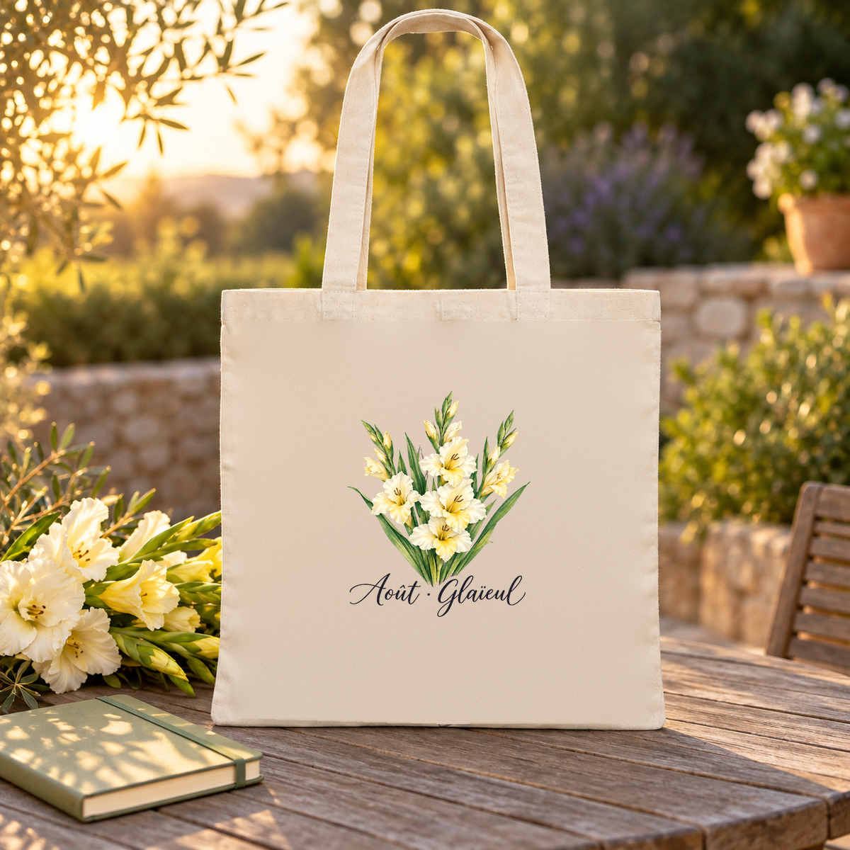 Tote bag fleur de naissance « Août · Glaïeul » Essentiel posé sur une table de jardin au coucher du soleil, à côté de glaïeuls et d'un livre