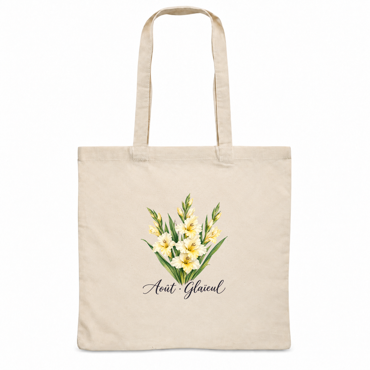 Tote bag fleur de naissance « Août · Glaïeul » Essentiel, sac plat en coton naturel 140 g/m² de 38 × 42 cm, aquarelle botanique d'une gerbe de glaïeuls