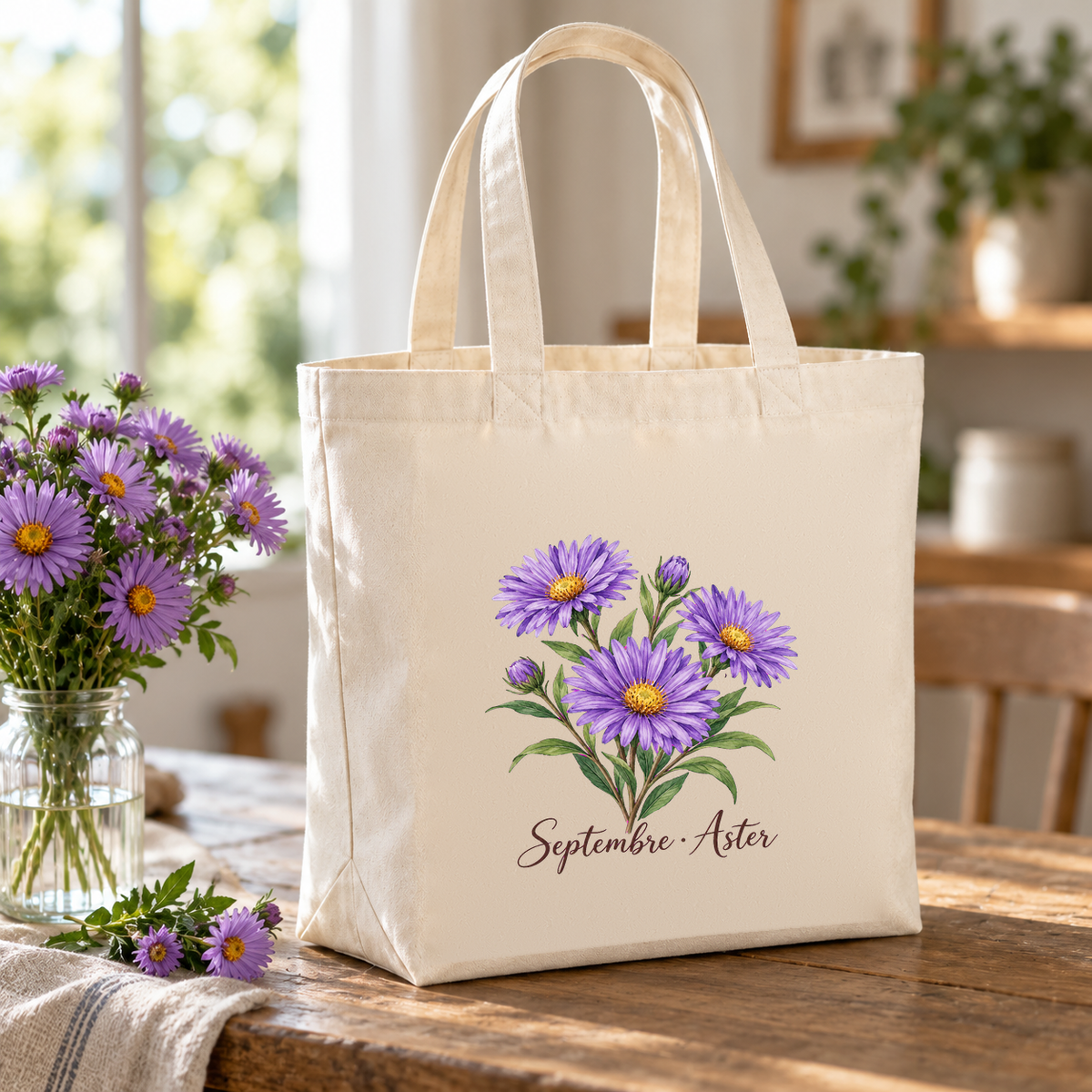Tote bag fleur de naissance « Septembre · Aster » Premium posé sur une table, à côté d'un vase d'asters