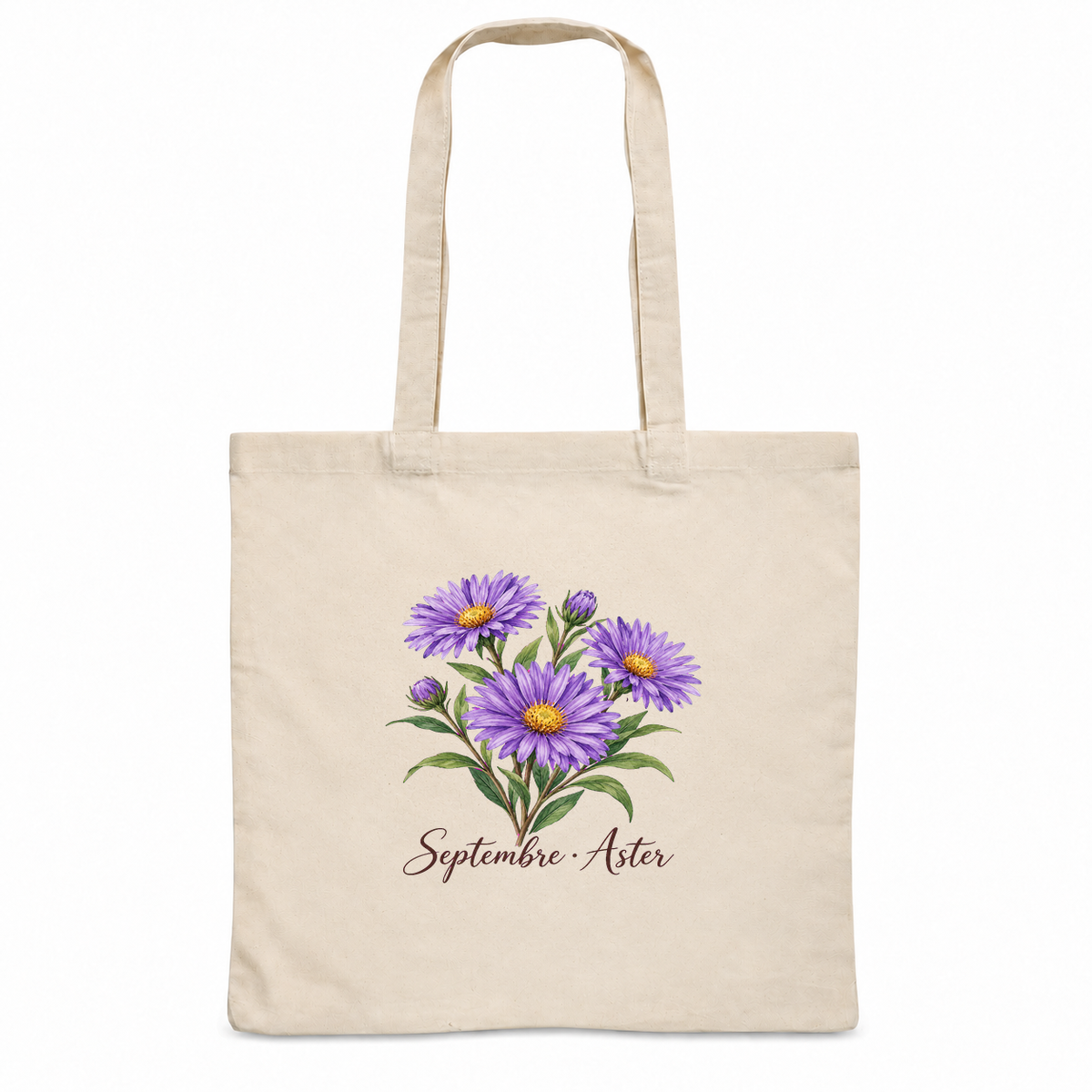 Tote bag fleur de naissance « Septembre · Aster » Essentiel, sac plat en coton naturel 140 g/m² de 38 × 42 cm, aquarelle botanique d'un bouquet d'asters violets