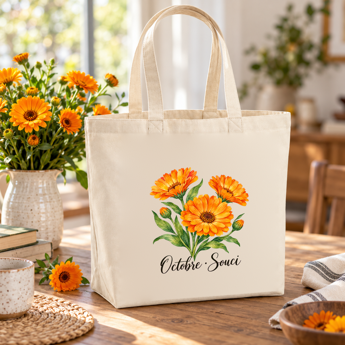 Tote bag fleur de naissance « Octobre · Souci » Premium posé sur une table, à côté d'un vase de soucis