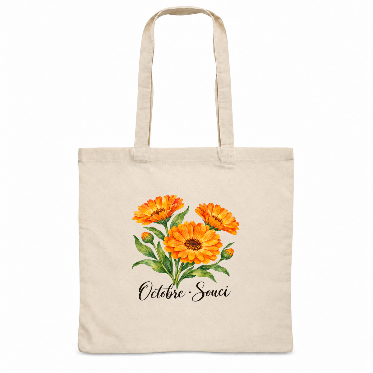 Tote bag fleur de naissance « Octobre · Souci » Essentiel, sac plat en coton naturel 140 g/m² de 38 × 42 cm, aquarelle botanique d'un bouquet de soucis orange
