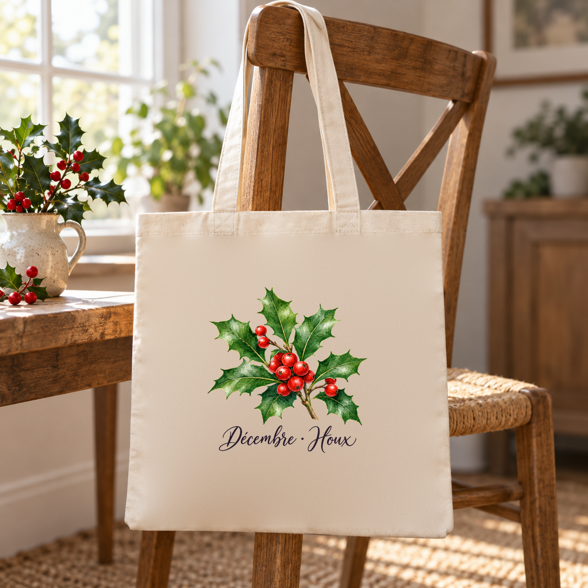 Tote bag fleur de naissance « Décembre · Houx » Essentiel suspendu à une chaise en bois, à côté d'un pichet de branches de houx