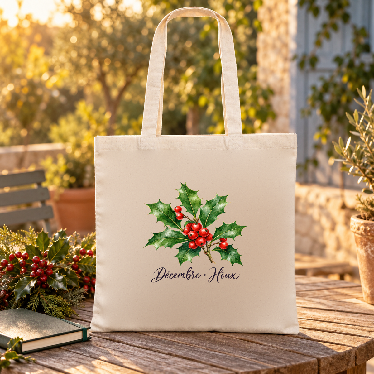 Tote bag fleur de naissance « Décembre · Houx » Essentiel posé sur une table de jardin au coucher du soleil, à côté de branches de houx et d'un livre