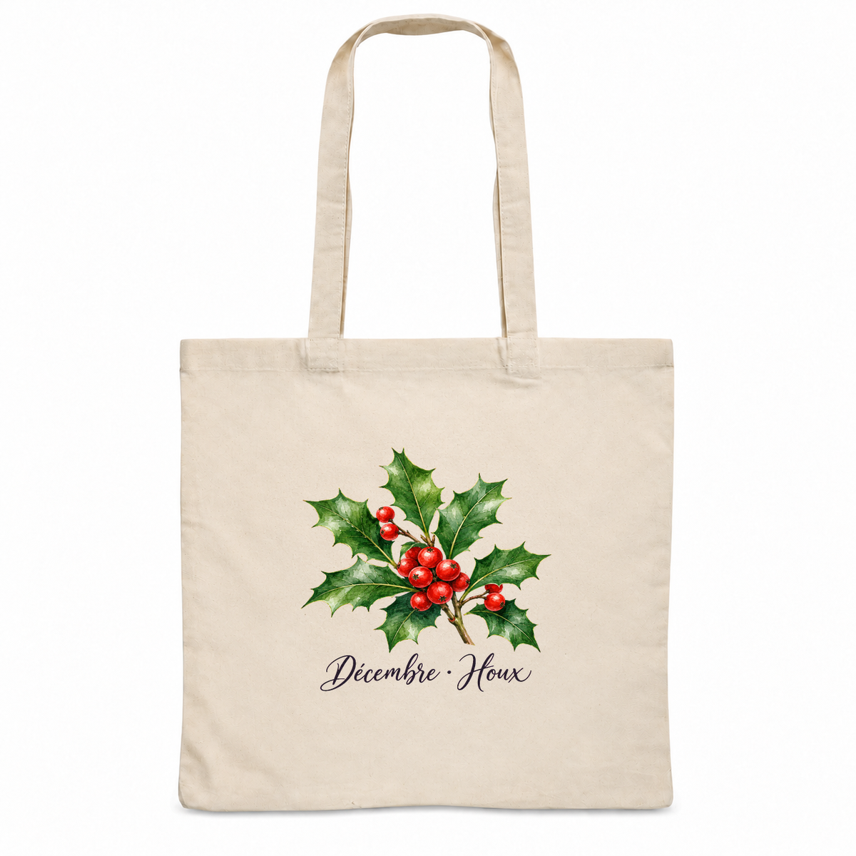 Tote bag fleur de naissance « Décembre · Houx » Essentiel, sac plat en coton naturel 140 g/m² de 38 × 42 cm, aquarelle botanique de branches de houx
