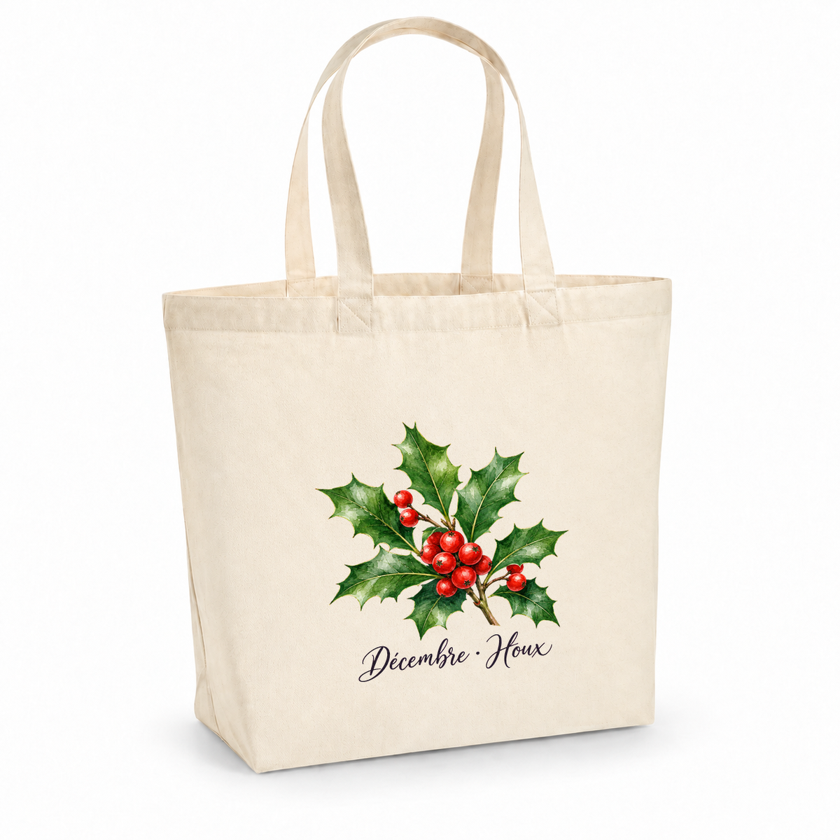 Tote bag fleur de naissance « Décembre · Houx » Premium, cabas à soufflet en coton naturel 200 g/m² de 18 litres, aquarelle botanique de branches de houx