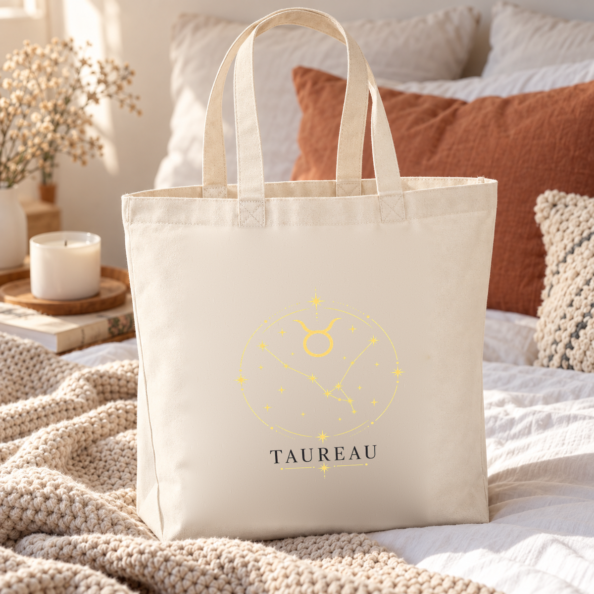 Tote bag signe astrologique « TAUREAU » Premium posé sur un lit, à côté d'un plaid et d'une bougie
