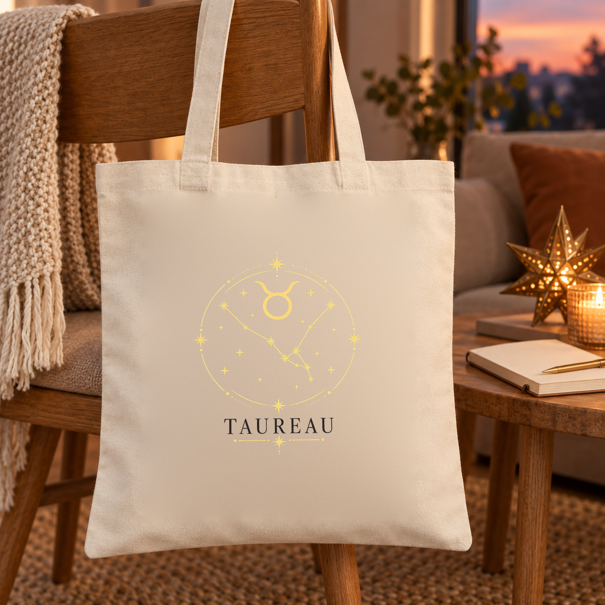 Tote bag signe astrologique « TAUREAU » Essentiel suspendu à une chaise en bois, à côté d'une étoile lumineuse et d'un plaid