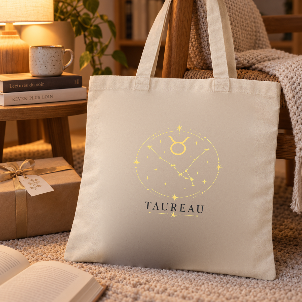Tote bag signe astrologique « TAUREAU » Essentiel posé sur un tapis près d'une table d'appoint, à côté d'un cadeau et d'un livre