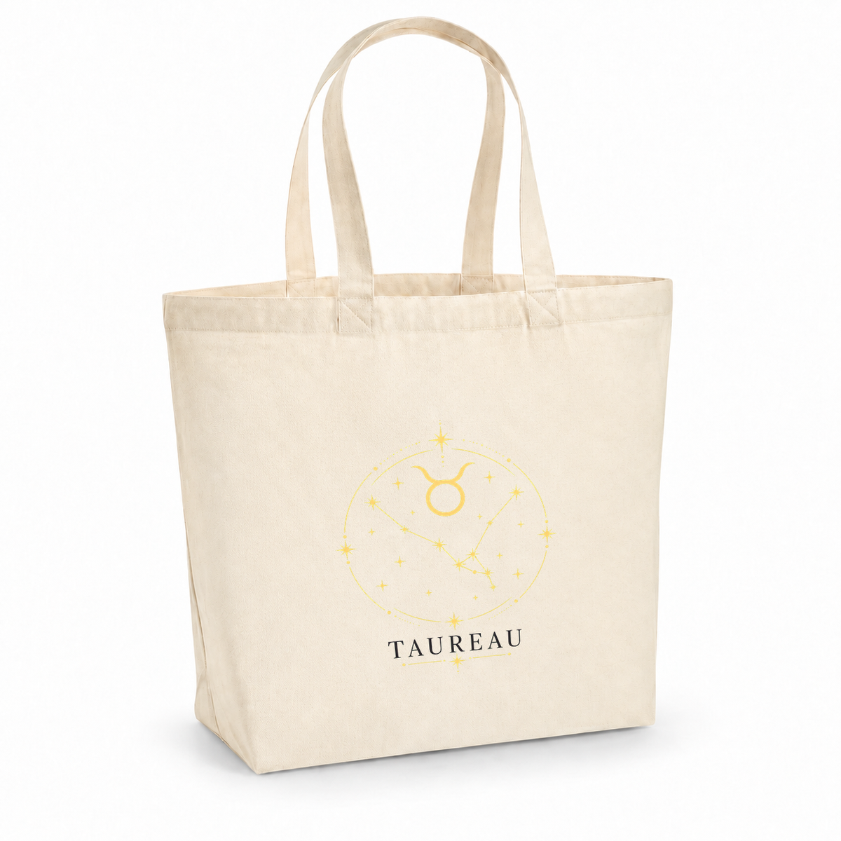 Tote bag signe astrologique « TAUREAU » Premium, cabas à soufflet en coton naturel 200 g/m² de 18 litres, illustration céleste au trait doré du symbole et de la constellation du Taureau