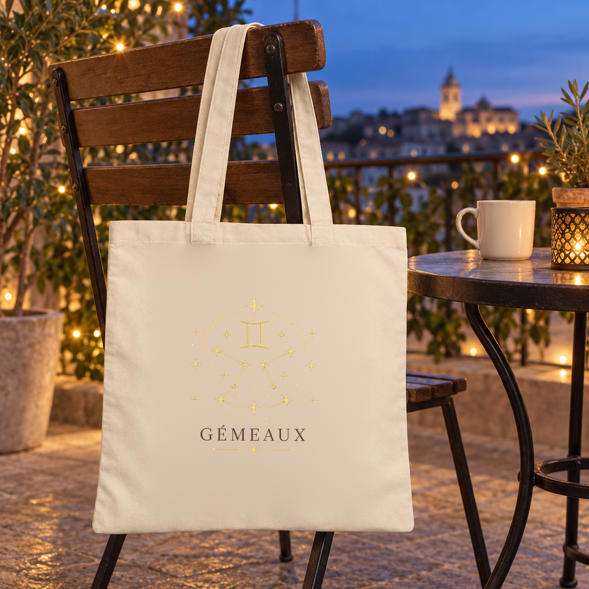 Tote bag signe astrologique « GÉMEAUX » Essentiel suspendu à une chaise de terrasse face à la ville au crépuscule