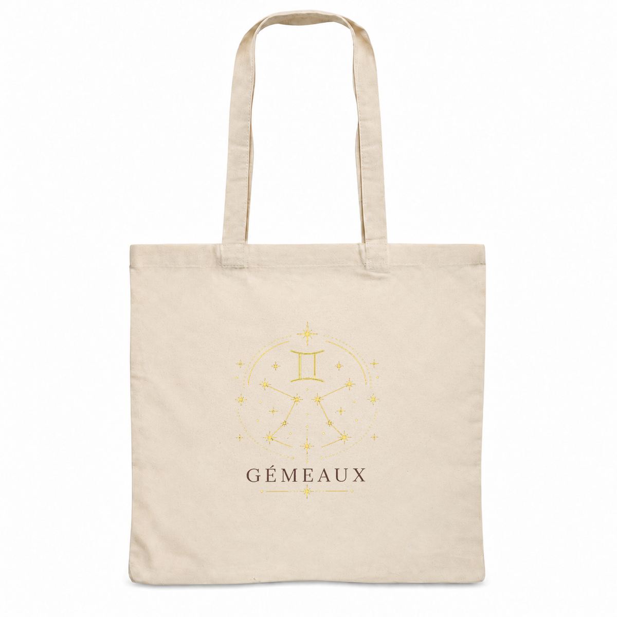 Tote bag signe astrologique « GÉMEAUX » Essentiel, sac plat en coton naturel 140 g/m² de 38 × 42 cm, illustration céleste au trait doré du symbole et de la constellation des Gémeaux