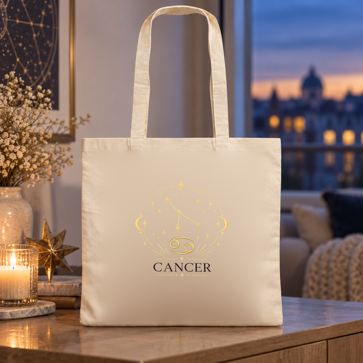 Tote bag signe astrologique « CANCER » Essentiel posé sur une table près d'une fenêtre, à côté de bougies, à la tombée de la nuit