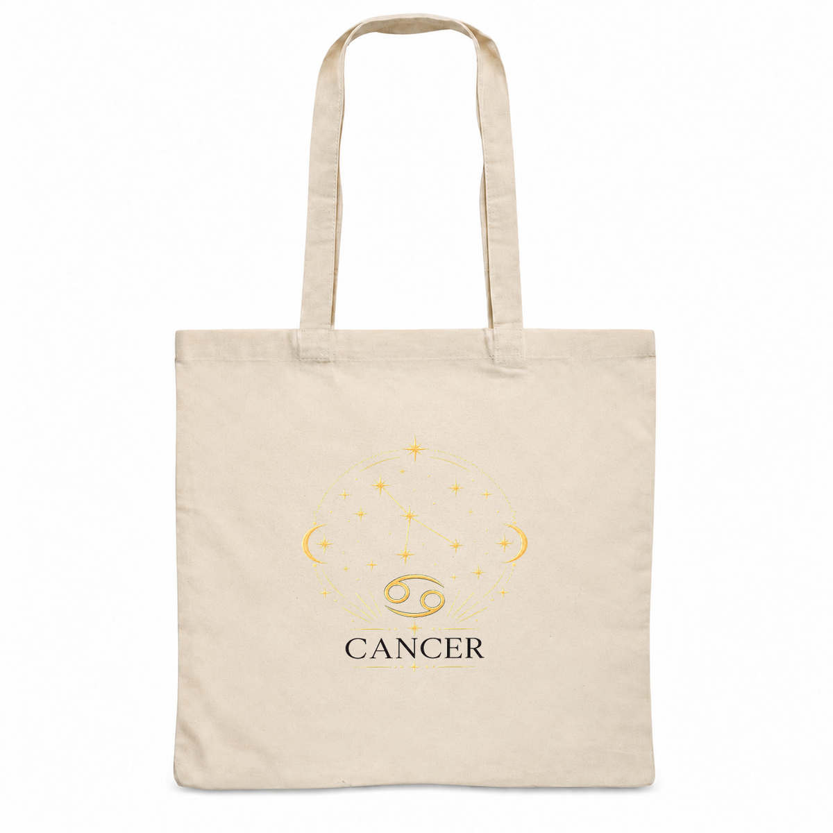 Tote bag signe astrologique « CANCER » Essentiel, sac plat en coton naturel 140 g/m² de 38 × 42 cm, illustration céleste au trait doré de la constellation et du symbole du Cancer