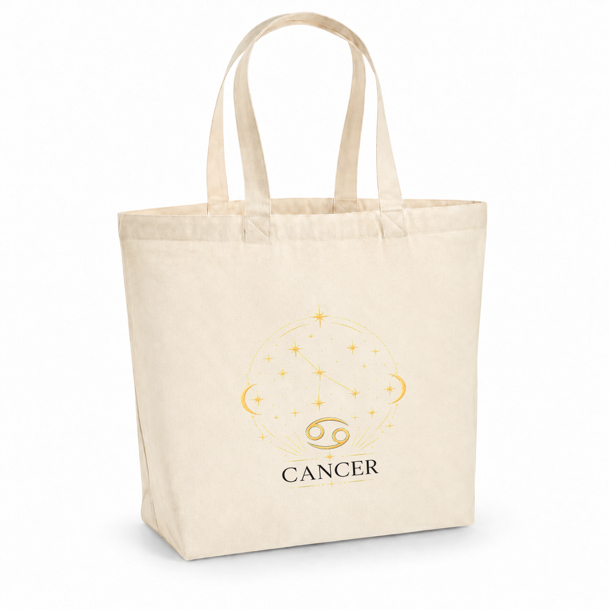 Tote bag signe astrologique « CANCER » Premium, cabas à soufflet en coton naturel 200 g/m² de 18 litres, illustration céleste au trait doré de la constellation et du symbole du Cancer