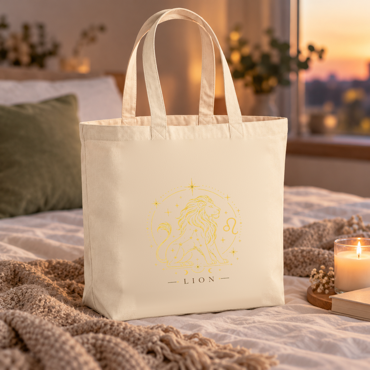 Tote bag signe astrologique « LION » Premium posé sur un lit, à côté d'un plaid et d'une bougie