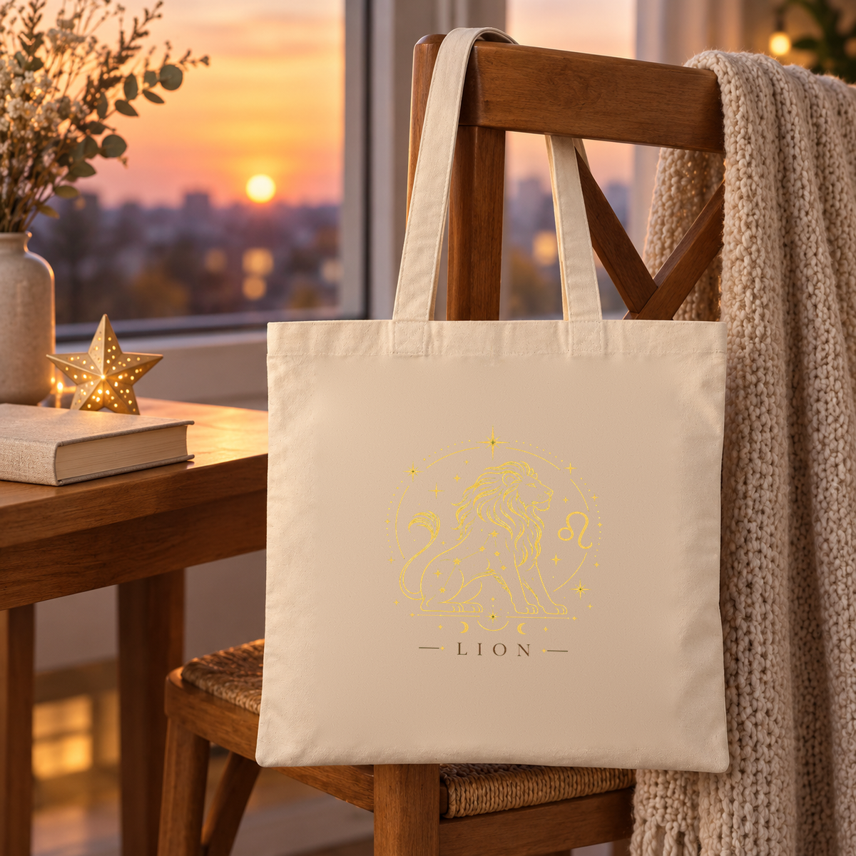 Tote bag signe astrologique « LION » Essentiel suspendu à une chaise près d'une fenêtre au coucher du soleil