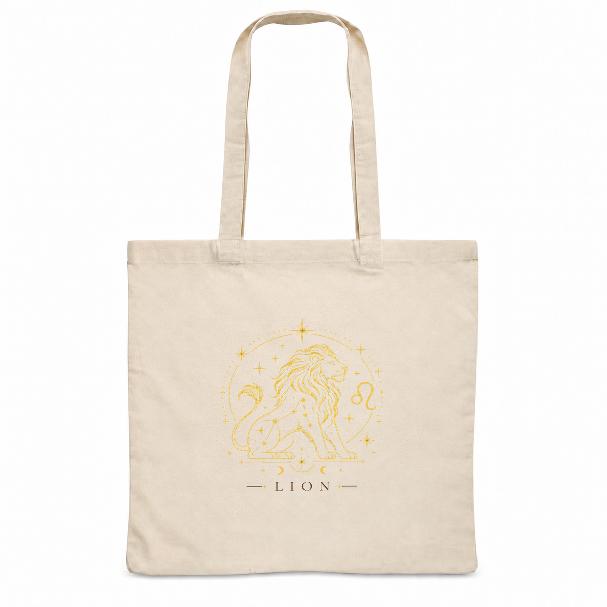 Tote bag signe astrologique « LION » Essentiel, sac plat en coton naturel 140 g/m² de 38 × 42 cm, illustration céleste au trait doré d'un lion assis sur sa constellation