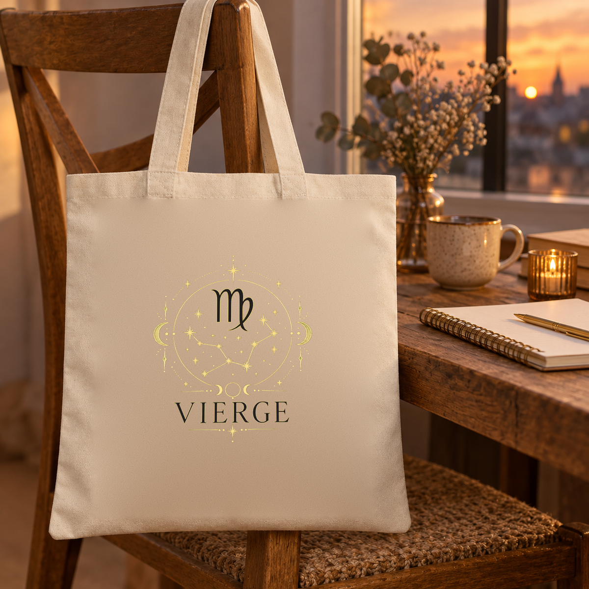 Tote bag signe astrologique « VIERGE » Essentiel suspendu à une chaise en bois, à côté d'un carnet et d'une bougie