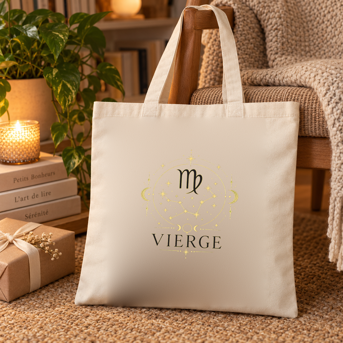 Tote bag signe astrologique « VIERGE » Essentiel posé contre une chaise, à côté de livres, de bougies et d'un cadeau