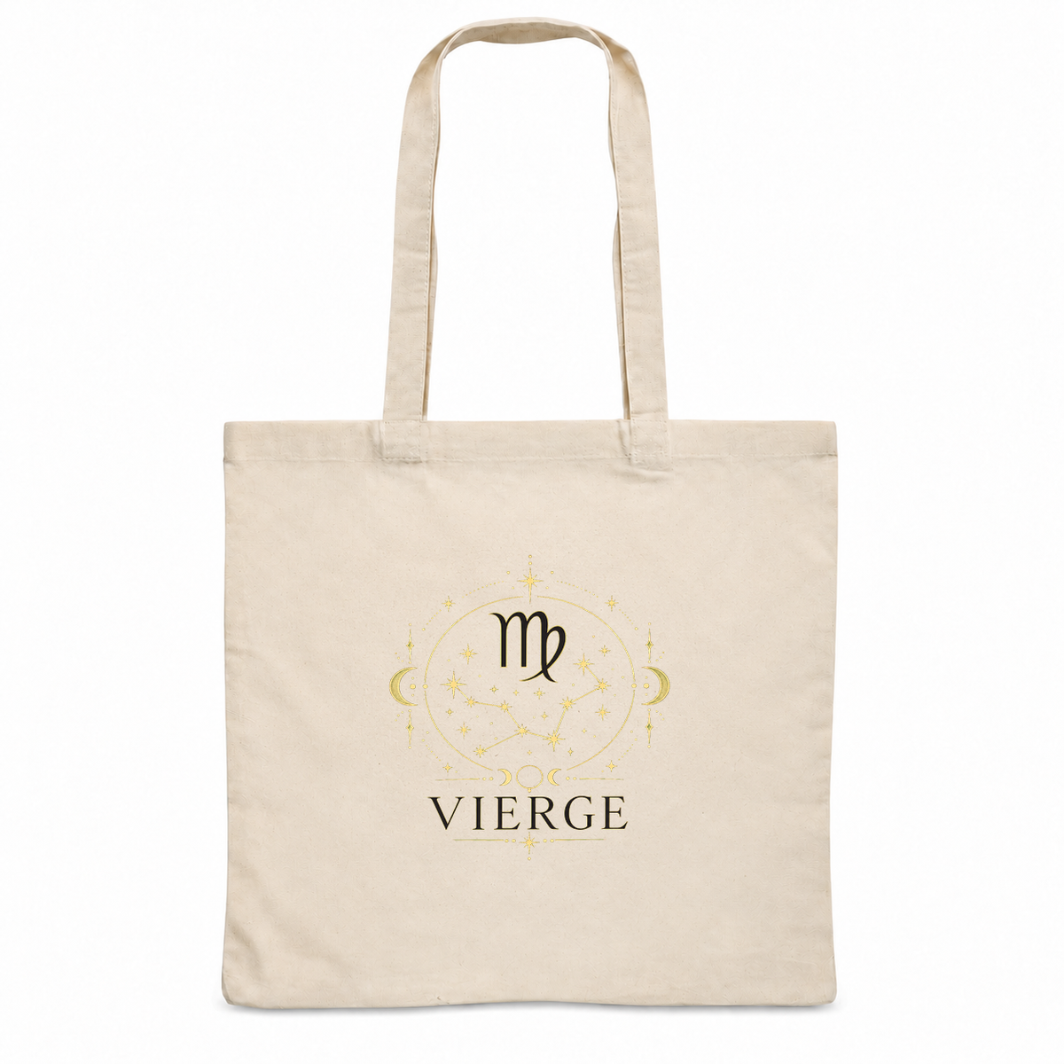 Tote bag signe astrologique « VIERGE » Essentiel, sac plat en coton naturel 140 g/m² de 38 × 42 cm, illustration céleste au trait doré du symbole et de la constellation de la Vierge