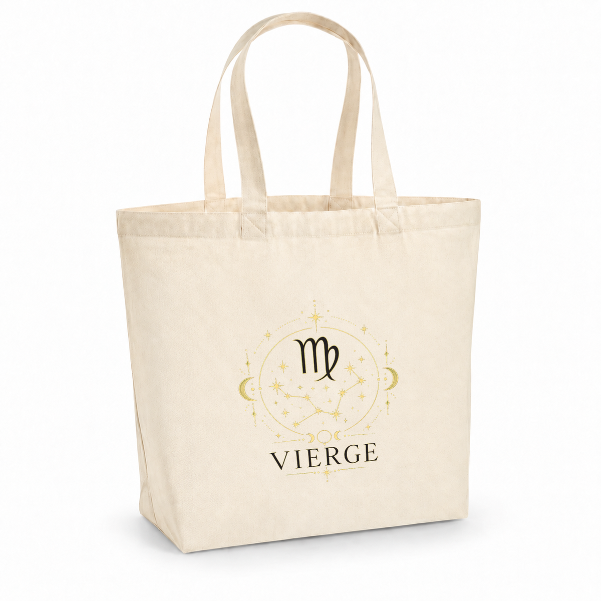 Tote bag signe astrologique « VIERGE » Premium, cabas à soufflet en coton naturel 200 g/m² de 18 litres, illustration céleste au trait doré du symbole et de la constellation de la Vierge