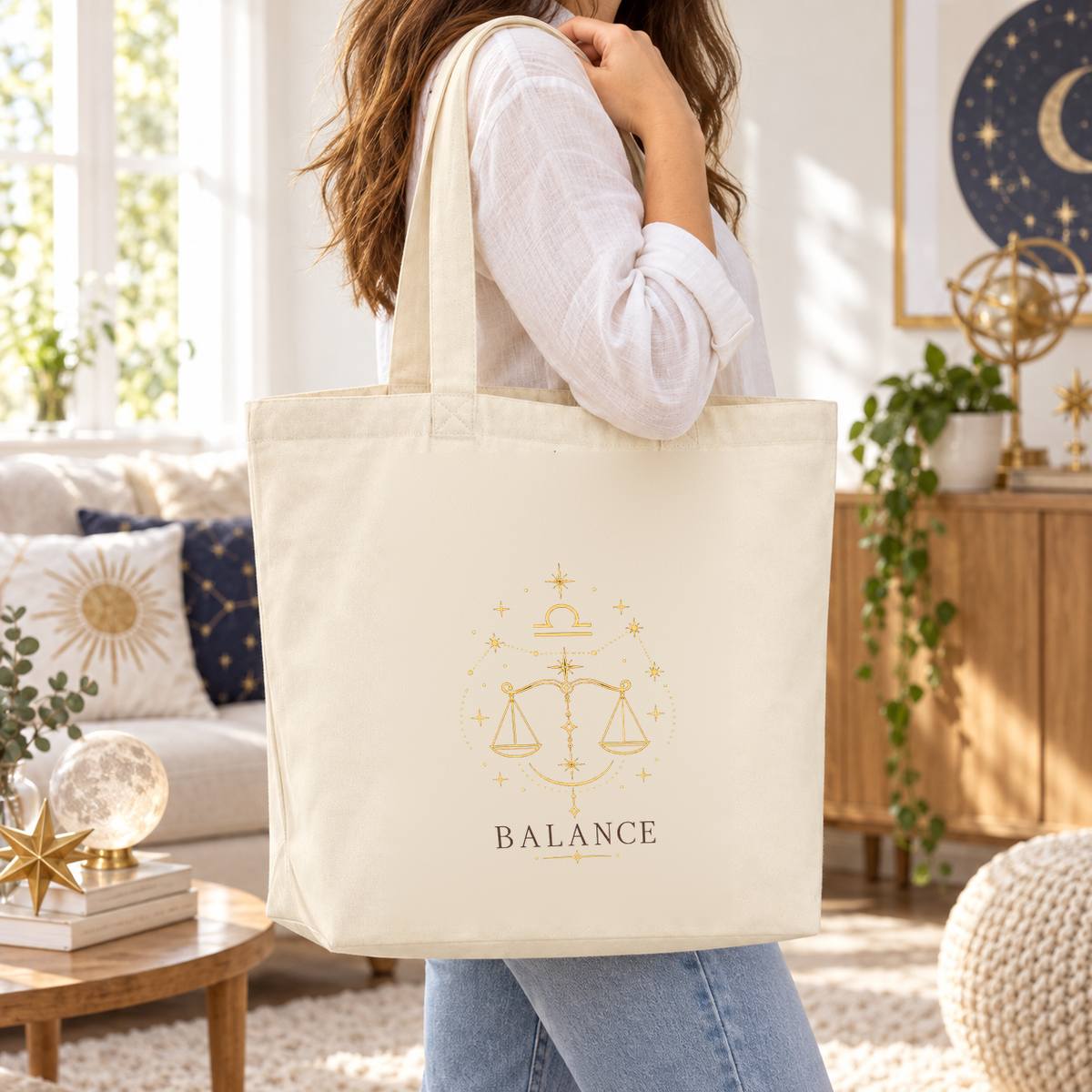 Tote bag signe astrologique « BALANCE » Premium porté à l'épaule dans un salon lumineux à la décoration céleste