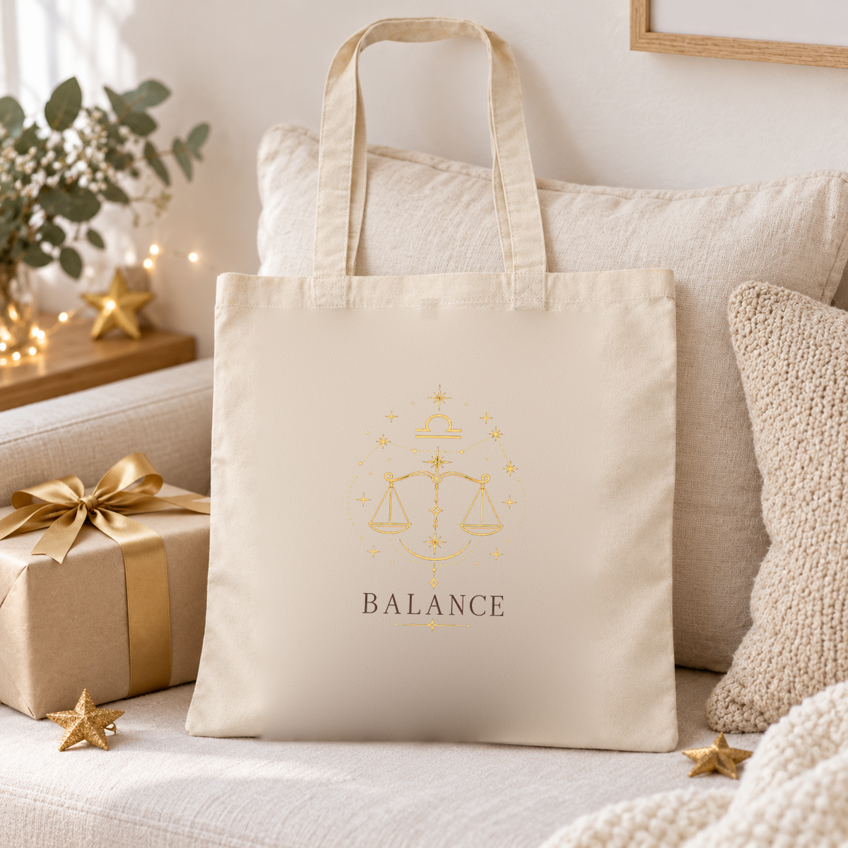 Tote bag signe astrologique « BALANCE » Essentiel posé sur une banquette, à côté de coussins et d'un cadeau doré
