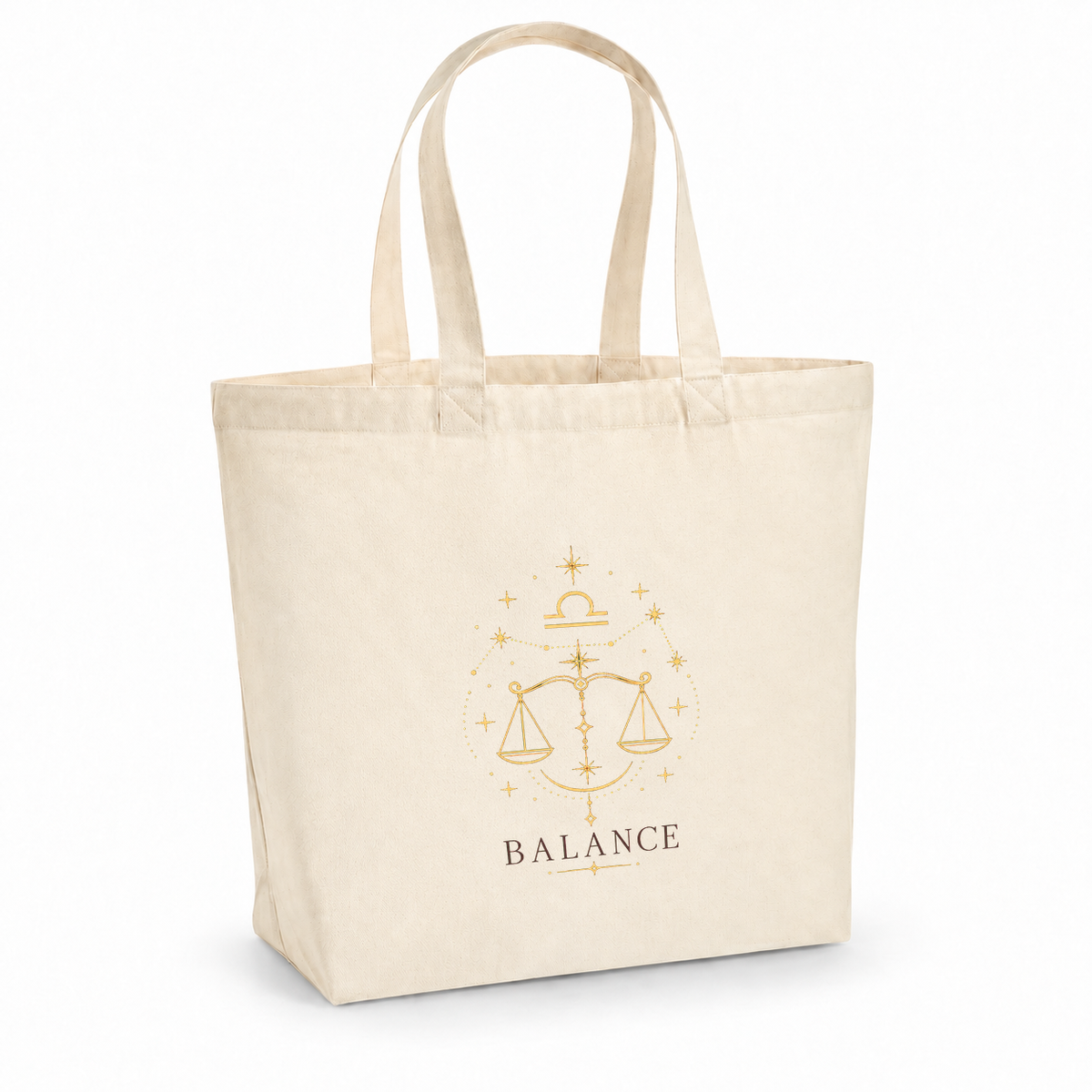 Tote bag signe astrologique « BALANCE » Premium, cabas à soufflet en coton naturel 200 g/m² de 18 litres, illustration céleste au trait doré d'une balance et du symbole du signe
