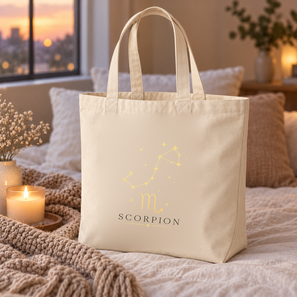 Tote bag signe astrologique « SCORPION » Premium posé sur un lit, à côté d'un plaid et de bougies